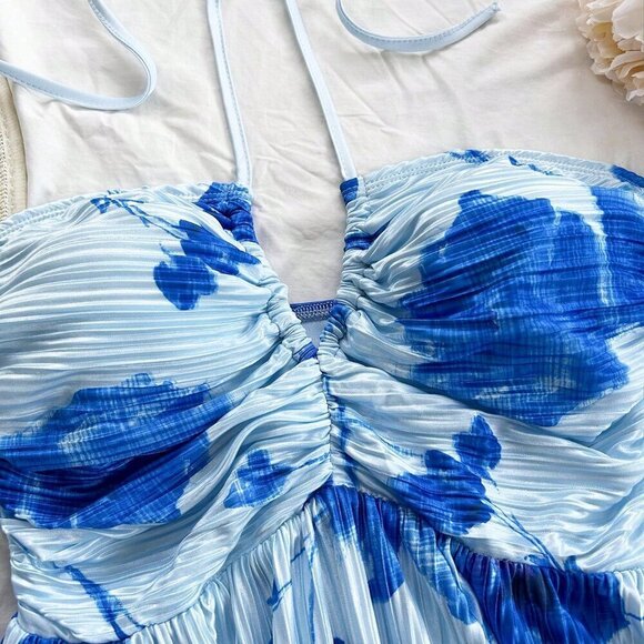 Blue Boho Women's Vacation Tie Dye Floral Print A-Line Bow Tie Mini Dress - Picture 4 of 5